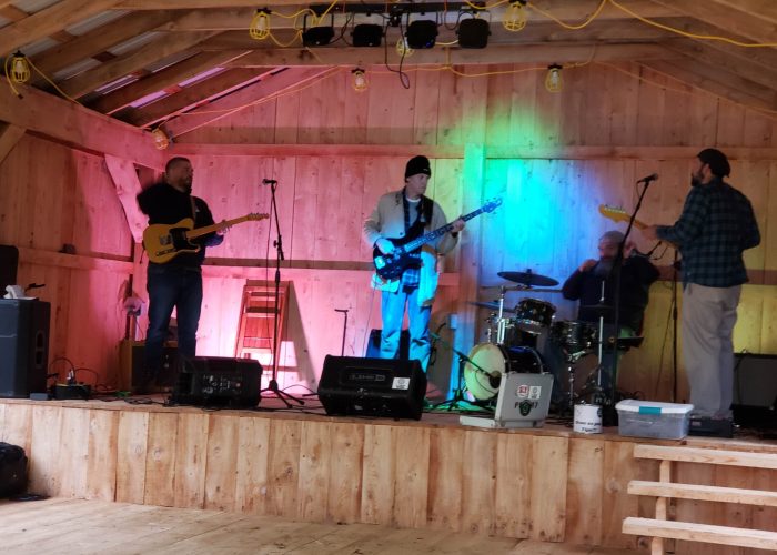 Four musicians with instruments stand and sit on a wooden stage under string lights, preparing for a performance. Colored lights illuminate the back wall.
